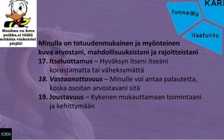 Minulla on totuudenmukainen ja myönteinen
kuva arvostani, mahdollisuuksistani ja rajoitteistani
17. Itseluottamus – Hyväksyn itseni itseäni
korostamatta tai väheksymättä
18. Vastaanottavuus – Minulle voi antaa palautetta,
koska osoitan arvostavani sitä
19. Joustavuus – Kykenen mukauttamaan toimintaani
ja kehittymään
 