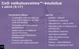 CxO vaikutusvoima™-koulutus
1 päivä (9-17)
Koulutuksen jälkeen:
• Ymmärrätte, mitä vakuuttavuus
on ja mitä se teissä on ja miten
voitte sitä kehittää
• Tiedostatte vakuuttavuutenne
käyttökohteita
• Saatte mukaanne itsellenne
sopivia harjoitteita
vakuuttavuuden itsenäiseen
kehittämiseen
• Poistutte tyytyväisinä ja
innostuneina; päätä pidempinä
Agenda:
• Esittelyt - videointi
• Tavoitteet ja odotukset
• Vakuuttavuus – mitä ja mihin
• Vakuuttavuuden 8 luokkaa ja 30
ominaisuutta
• Ämpärillinen karismaa
• Vakuuttava puhetaito
• Kyllä vakuuttava kuuluu
(mikrofoni)
• Kertaus - videoreflektointi
• Palaute ja kotitehtävien anto
 