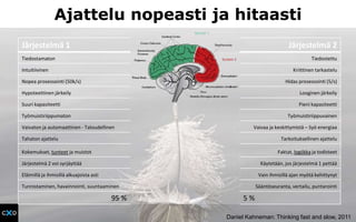 Ajattelu nopeasti ja hitaasti
Järjestelmä 1 Järjestelmä 2
Tiedostamaton Tiedostettu
Intuitiivinen Kriittinen tarkastelu
Nopea prosessointi (50k/s) Hidas prosessointi (5/s)
Hypoteettinen järkeily Looginen järkeily
Suuri kapasiteetti Pieni kapasiteetti
Työmuistiriippumaton Työmuistiriippuvainen
Vaivaton ja automaattinen - Taloudellinen Vaivaa ja keskittymistä – Syö energiaa
Tahaton ajattelu Tarkoituksellinen ajattelu
Kokemukset, tunteet ja muistot Faktat, logiikka ja todisteet
Järjestelmä 2 voi syrjäyttää Käytetään, jos järjestelmä 1 pettää
Eläimillä ja ihmisillä alkuajoista asti Vain ihmisillä ajan myötä kehittynyt
Tunnistaminen, havainnointi, suuntaaminen Sääntöseuranta, vertailu, puntarointi
95 % 5 %
Daniel Kahneman: Thinking fast and slow, 2011
 