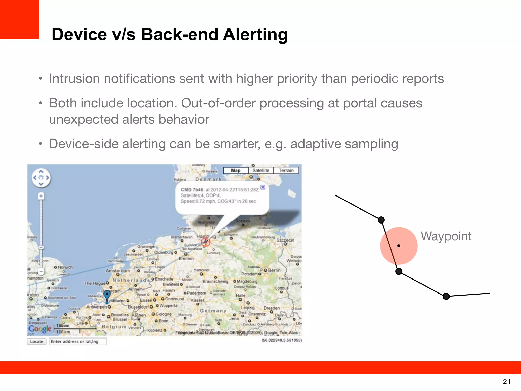 Device v/s Back-end Alerting
• Intrusion notiﬁcations sent with higher priority than periodic reports
• Both include location. Out-of-order processing at portal causes
unexpected alerts behavior
• Device-side alerting can be smarter, e.g. adaptive sampling

Waypoint

21

 