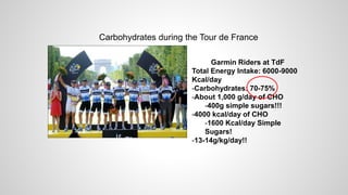 Carbohydrates during the Tour de France
Garmin Riders at TdF
Total Energy Intake: 6000-9000
Kcal/day
-Carbohydrates: 70-75%
-About 1,000 g/day of CHO
-400g simple sugars!!!
-4000 kcal/day of CHO
-1600 Kcal/day Simple
Sugars!
-13-14g/kg/day!!
 