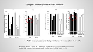  A 25% decrease in Glycogen in the legs will decrease Ca++ release from SR by a 10%!
Ørtenblad, N., Nielsen, J., Saltin, B., & Holmberg, H. C. (2011). Role of glycogen availability in sarcoplasmic
reticulum Ca2+ kinetics in human skeletal muscle. The Journal of physiology, 589(3), 711-725.
Glycogen Content Regulates Muscle Contraction
 