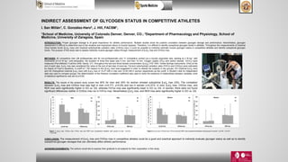 INDIRECT ASSESSMENT OF GLYCOGEN STATUS IN COMPETITIVE ATHLETES
I. San Millán1, C. González-Haro2, J. Hill, FACSM1,
1School of Medicine, University of Colorado Denver, Denver, CO.; 2Department of Pharmacology and Physiology, School of
Medicine, University of Zaragoza, Spain
CONCLUSION: The measurement of [La-]b max and CHOox max in competitive athletes could be a good and practical approach to indirectly evaluate glycogen status as well as to identify
suboptimal glycogen storages that can ultimately affect athletic performance.
RESULTS: The results of the present study sowed that 30% for men and 24% for women showed suboptimal [La-]b max (GS). The correlation
between [La-]b max and CHOox max was high in men (r=0.771, p<0.05) and low in women (r=0.373). In men, [La-]b max, CHOox max, and
RER max were significantly higher in GO vs. GS, whereas FATox max was significantly lower in GO vs. GS. In women, there were not found
significant differences neither in CHOox max nor in FATox max. Nevertheless [La-]b max, and RER max were significantly higher in GO vs. GS.
METHODS: 82 competitive men (28 professionals and 54 non-professionals) and 17 competitive carried out a bycicle ergometer test, starting at 2 W·kg-1 with
increments of 0.5 W·kg-1 until exhaustion, the duration of three first steps was 5 min, and then 10 min. Oxygen uptake (VO2) and carbon dioxide (VCO2) were
measured (ParvoMedics TrueOne 2400, Sandy, UT) throughout the test and blood lactate concentration ([La-]b) (YSI 1500, Yellow Springs Instruments, Ohio) at the
end of each step. [La-]b max was considered the value at the end of last step of exercise. Fat and carbohydrate oxidation rates (FATox and CHOox) were estimated
by means of Frayn’s equations. A cutoff of 1 SD respect to the ([La-]b max) was suggested in order to classify the subjects in two groups: GO (Optimal [La-]b max)
and GS (Suboptimal maximal [La-]b max) with [La-]b max of <5.27 mM in men and <4.00 mM in women respectively as the cutoff. A Student t-test for independent
data was used to compare groups, the determination of the Pearson correlation coefficient was used to verify the existence of relationships between variables, level
of statistical significance was set at p<0.05.
ACKNOWLEDGEMENTS: The authors would like to express their gratitude to all subjects for their cooperation in this study.
INTRODUCTION: Proper glycogen storage is of great importance for athletic performance. Multiple studies show the positive correlation between glycogen storage and performance. Nevertheless, glycogen
assessment is difficult to determine due to the invasive and impractical nature of muscle biopsies. Therefore, it is difficult to identify suboptimal glycogen levels in athletes. Throughout the measurements of maximal
blood lactate levels ([La-]b max) and maximal carbohydrate oxidation rates (CHOox max) it could be possible to indirectly estimate muscle glycogen status in competitive athletes and identify suboptimal glycogen
levels. The purpose of this study was to assess indirectly muscle glycogen status through measurement of [La-]b max and CHOox max.
Figure 1. [La-]b max, CHOox max, FATox max and RER max comparisons between both groups of men. *p<0.05,
***p<0.001.
Figure 2. [La-]b max, CHOox max, FATox max and RER max comparisons between both groups of women. *p<0.05, **p<0.01.
0
1
2
3
4
5
6
7
8
9
10
[La-]b max CHOox max
[La-]bmax(mM)&CHOoxmax(g·min-1)
Women GO
GS
**
0.0
0.5
1.0
1.5
2.0
2.5
3.0
FATox max RER max
FAToxmax(g·min-1)&RERmax
Women GO
GS
*
0
1
2
3
4
5
6
7
8
9
10
[La-]b max CHOox max
[La-]bmax(mM)&CHOoxmax(g·min-1)
Men GO
GS
***
***
0.0
0.5
1.0
1.5
2.0
2.5
3.0
FATox max RER max
FAToxmax(g·min-1)&RERmax
Men GO
GS
*
***
 