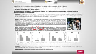 INDIRECT ASSESSMENT OF GLYCOGEN STATUS IN COMPETITIVE ATHLETES
I. San Millán1, C. González-Haro2, J. Hill, FACSM1,
1School of Medicine, University of Colorado Denver, Denver, CO.; 2Department of Pharmacology and Physiology, School of
Medicine, University of Zaragoza, Spain
CONCLUSION: The measurement of [La-]b max and CHOox max in competitive athletes could be a good and practical approach to indirectly evaluate glycogen status as well as to identify
suboptimal glycogen storages that can ultimately affect athletic performance.
RESULTS: The results of the present study sowed that 30% for men and 24% for women showed suboptimal [La-]b max (GS). The correlation
between [La-]b max and CHOox max was high in men (r=0.771, p<0.05) and low in women (r=0.373). In men, [La-]b max, CHOox max, and
RER max were significantly higher in GO vs. GS, whereas FATox max was significantly lower in GO vs. GS. In women, there were not found
significant differences neither in CHOox max nor in FATox max. Nevertheless [La-]b max, and RER max were significantly higher in GO vs. GS.
METHODS: 82 competitive men (28 professionals and 54 non-professionals) and 17 competitive carried out a bycicle ergometer test, starting at 2 W·kg-1 with
increments of 0.5 W·kg-1 until exhaustion, the duration of three first steps was 5 min, and then 10 min. Oxygen uptake (VO2) and carbon dioxide (VCO2) were
measured (ParvoMedics TrueOne 2400, Sandy, UT) throughout the test and blood lactate concentration ([La-]b) (YSI 1500, Yellow Springs Instruments, Ohio) at the
end of each step. [La-]b max was considered the value at the end of last step of exercise. Fat and carbohydrate oxidation rates (FATox and CHOox) were estimated
by means of Frayn’s equations. A cutoff of 1 SD respect to the ([La-]b max) was suggested in order to classify the subjects in two groups: GO (Optimal [La-]b max)
and GS (Suboptimal maximal [La-]b max) with [La-]b max of <5.27 mM in men and <4.00 mM in women respectively as the cutoff. A Student t-test for independent
data was used to compare groups, the determination of the Pearson correlation coefficient was used to verify the existence of relationships between variables, level
of statistical significance was set at p<0.05.
ACKNOWLEDGEMENTS: The authors would like to express their gratitude to all subjects for their cooperation in this study.
INTRODUCTION: Proper glycogen storage is of great importance for athletic performance. Multiple studies show the positive correlation between glycogen storage and performance. Nevertheless, glycogen
assessment is difficult to determine due to the invasive and impractical nature of muscle biopsies. Therefore, it is difficult to identify suboptimal glycogen levels in athletes. Throughout the measurements of maximal
blood lactate levels ([La-]b max) and maximal carbohydrate oxidation rates (CHOox max) it could be possible to indirectly estimate muscle glycogen status in competitive athletes and identify suboptimal glycogen
levels. The purpose of this study was to assess indirectly muscle glycogen status through measurement of [La-]b max and CHOox max.
Figure 1. [La-]b max, CHOox max, FATox max and RER max comparisons between both groups of men. *p<0.05,
***p<0.001.
Figure 2. [La-]b max, CHOox max, FATox max and RER max comparisons between both groups of women. *p<0.05, **p<0.01.
0
1
2
3
4
5
6
7
8
9
10
[La-]b max CHOox max
[La-]bmax(mM)&CHOoxmax(g·min-1)
Women GO
GS
**
0.0
0.5
1.0
1.5
2.0
2.5
3.0
FATox max RER max
FAToxmax(g·min-1)&RERmax
Women GO
GS
*
0
1
2
3
4
5
6
7
8
9
10
[La-]b max CHOox max
[La-]bmax(mM)&CHOoxmax(g·min-1)
Men GO
GS
***
***
0.0
0.5
1.0
1.5
2.0
2.5
3.0
FATox max RER max
FAToxmax(g·min-1)&RERmax
Men GO
GS
*
***
 
