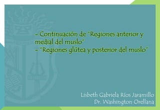 - Continuación de “Regiones anterior y
medial del muslo”
- “Regiones glútea y posterior del muslo”

Lisbeth Gabriela Ríos Jaramillo
Dr. Washington Orellana

 