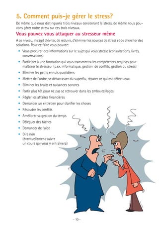 5. Comment puis-je gérer le stress?
De même que nous distinguons trois niveaux concernant le stress, de même nous pouvons gérer notre stress sur ces trois niveaux.

Vous pouvez vous attaquer au stresseur même
A ce niveau, il s’agit d’éviter, de réduire, d’éliminer les sources de stress et de chercher des
solutions. Pour ce faire vous pouvez:
•	 Vous procurer des informations sur le sujet qui vous stresse (consultations, livres,
conversations)
•	 Participer à une formation qui vous transmettra les compétences requises pour
maîtriser le stresseur (p.ex. informatique, gestion de conflits, gestion du stress)
•	 Eliminer les petits ennuis quotidiens
•	 Mettre de l’ordre, se débarrasser du superflu, réparer ce qui est défectueux
•	 Eliminer les bruits et nuisances sonores
•	 Partir plus tôt pour ne pas se retrouver dans les embouteillages
•	 Régler les affaires financières
•	 Demander un entretien pour clarifier les choses
•	 Résoudre les conflits
•	 Améliorer sa gestion du temps
•	 Déléguer des tâches
•	 Demander de l’aide
•	 Dire non
(éventuellement suivre
un cours qui vous y entraînera)

- 10 -

 