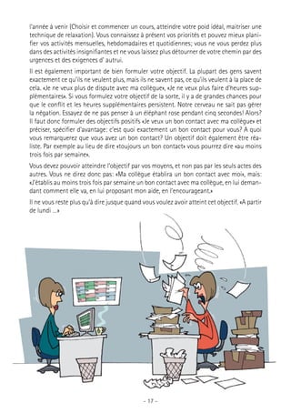 l’année à venir (Choisir et commencer un cours, atteindre votre poid idéal, maitriser une
technique de relaxation). Vous connaissez à présent vos priorités et pouvez mieux planifier vos activités mensuelles, hebdomadaires et quotidiennes; vous ne vous perdez plus
dans des activités insignifiantes et ne vous laissez plus détourner de votre chemin par des
urgences et des exigences d’ autrui.
Il est également important de bien formuler votre objectif. La plupart des gens savent
exactement ce qu’ils ne veulent plus, mais ils ne savent pas, ce qu’ils veulent à la place de
cela. «Je ne veux plus de dispute avec ma collègue», «Je ne veux plus faire d’heures supplémentaires». Si vous formulez votre objectif de la sorte, il y a de grandes chances pour
que le conflit et les heures supplémentaires persistent. Notre cerveau ne sait pas gérer
la négation. Essayez de ne pas penser à un éléphant rose pendant cinq secondes! Alors?
Il faut donc formuler des objectifs positifs «Je veux un bon contact avec ma collègue» et
préciser, spécifier d’avantage: c’est quoi exactement un bon contact pour vous? A quoi
vous remarquerez que vous avez un bon contact? Un objectif doit également être réaliste. Par exemple au lieu de dire «toujours un bon contact» vous pourrez dire «au moins
trois fois par semaine».
Vous devez pouvoir atteindre l’objectif par vos moyens, et non pas par les seuls actes des
autres. Vous ne direz donc pas: «Ma collègue établira un bon contact avec moi», mais:
«J’établis au moins trois fois par semaine un bon contact avec ma collègue, en lui demandant comment elle va, en lui proposant mon aide, en l’encourageant.»
Il ne vous reste plus qu’à dire jusque quand vous voulez avoir atteint cet objectif. «A partir
de lundi …»

- 17 -

 