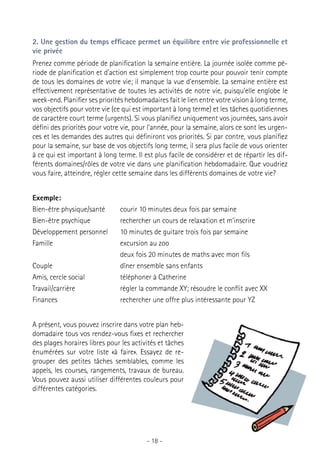 2. Une gestion du temps efficace permet un équilibre entre vie professionnelle et
vie privée
Prenez comme période de planification la semaine entière. La journée isolée comme période de planification et d’action est simplement trop courte pour pouvoir tenir compte
de tous les domaines de votre vie; il manque la vue d’ensemble. La semaine entière est
effectivement représentative de toutes les activités de notre vie, puisqu’elle englobe le
week-end. Planifier ses priorités hebdomadaires fait le lien entre votre vision à long terme,
vos objectifs pour votre vie (ce qui est important à long terme) et les tâches quotidiennes
de caractère court terme (urgents). Si vous planifiez uniquement vos journées, sans avoir
défini des priorités pour votre vie, pour l’année, pour la semaine, alors ce sont les urgences et les demandes des autres qui définiront vos priorités. Si par contre, vous planifiez
pour la semaine, sur base de vos objectifs long terme, il sera plus facile de vous orienter
à ce qui est important à long terme. Il est plus facile de considérer et de répartir les différents domaines/rôles de votre vie dans une planification hebdomadaire. Que voudriez
vous faire, atteindre, régler cette semaine dans les différents domaines de votre vie?
Exemple:
Bien-être physique/santé	
Bien-être psychique	
Développement personnel	
Famille	
	
Couple	
Amis, cercle social	
Travail/carrière	
Finances	

courir 10 minutes deux fois par semaine
rechercher un cours de relaxation et m’inscrire
10 minutes de guitare trois fois par semaine
excursion au zoo
deux fois 20 minutes de maths avec mon fils
dîner ensemble sans enfants
téléphoner à Catherine
régler la commande XY; résoudre le conflit avec XX
rechercher une offre plus intéressante pour YZ

A présent, vous pouvez inscrire dans votre plan hebdomadaire tous vos rendez-vous fixes et rechercher
des plages horaires libres pour les activités et tâches
énumérées sur votre liste «à faire». Essayez de regrouper des petites tâches semblables, comme les
appels, les courses, rangements, travaux de bureau.
Vous pouvez aussi utiliser différentes couleurs pour
différentes catégories.

- 18 -

 