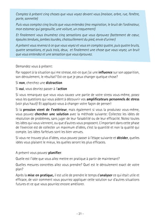 Comptez à présent cinq choses que vous voyez devant vous (maison, arbre, rue, fenêtre,
porte, sonnette)
Puis vous comptez cinq bruits que vous entendez (ma respiration, le bruit de l’ordinateur,
mon estomac qui gargouille, une voiture, un craquement)
Et finalement vous énumérez cinq sensations que vous éprouvez (battement de cœur,
épaules tendues, jambes lourdes, chatouillement du pied, envie d’uriner)
A présent vous revenez à ce que vous voyez et vous en comptez quatre, puis quatre bruits,
quatre sensations, et puis trois, deux, et finalement une chose que vous voyez, un bruit
que vous entendez et une sensation que vous éprouvez.
Demandez vous à présent:
Par rapport à la situation qui me stresse, est-ce que j’ai une influence sur son apparition,
son déroulement, le résultat? Est-ce que je peux changer quelque chose?
Si non, cherchez une distraction
Si oui, vous devriez passer à l’action
Si vous remarquez que vous vous causez une partie de votre stress vous-même, posez
vous les questions qui vous aident à découvrir vos amplificateurs personnels de stress
(voir plus haut)! Et appliquez-vous à changer votre façon de penser!
Si la pression vient de l’extérieur, mais également si vous la produisez vous-même,
vous pouvez chercher une solution avec la méthode suivante: Collectez les idées de
résolution de problèmes, sans juger de leur faisabilité ou de leur efficacité. Notez toutes
les idées qui vous viennent, ou que d’autres vous proposent. L’important dans cette phase
de l’exercice est de collecter un maximum d’idées, c’est la quantité et non la qualité qui
compte. Les idées farfelues sont les bien venues.
Si vous ne trouvez plus d’idées, vous pouvez passer à l’étape suivante et décider, quelles
idées vous plaisent le mieux, les quelles seront les plus efficaces.
A présent vous pouvez planifier:
Quelle est l’idée que vous allez mettre en pratique à partir de maintenant?
Quelles mesures concrètes allez vous prendre? Quel est le déroulement exact de votre
plan?
Après la mise en pratique, il est utile de prendre le temps d’analyser ce qui était utile et
efficace, de voir comment vous pourriez appliquer cette solution sur d’autres situations
futures et ce que vous pourriez encore améliorer.

- 21 -

 