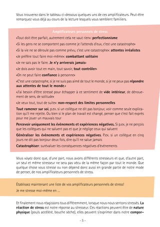 Vous trouverez dans le tableau ci-dessous quelques uns de ces amplificateurs. Peut-être
remarquez vous déjà au cours de la lecture lesquels vous semblent familiers.
Amplificateurs personnels de stress
«Tout doit être parfait, autrement cela ne vaut rien»: perfectionnisme
«Si les gens ne se comportent pas comme je l’attends d’eux, c’est une catastrophe»
«Si la vie ne se déroule pas comme prévu, c’est une catastrophe»: attentes irréalistes
«Je préfère tout faire moi-même»: combattant solitaire
«Je ne sais pas le faire. Je n’y arriverais jamais»
«Je dois avoir tout en main, tout savoir, tout contrôler»
«On ne peut faire confiance à personne»
«C’est une catastrophe, si je ne suis pas aimé de tout le monde, si je ne peux pas répondre
aux attentes de tout le monde.»
«J’ai besoin d’être stressé pour échapper à ce sentiment de vide intérieur, de dénouement de sens, de solitude»
«Je veux tout, tout de suite»: non-respect des limites personnelles
Tout ramener sur soi, p.ex. si un collègue ne dit pas bonjour, voir comme seule explication qu’il me rejette. Ou bien si le plan de travail est changé, penser que c’est fait exprès
pour me jouer un mauvais tour
Percevoir uniquement les évènements et expériences négatives. Si p.ex. je ne perçois
que les collègues qui ne saluent pas et que je néglige ceux qui saluent
Généraliser les évènements et expériences négatives. P.ex. si un collègue en cinq
jours ne dit pas bonjour deux fois, dire qu’il ne salue jamais
Catastrophiser: surévaluer les conséquences négatives d’événements
Vous voyez donc que, d’une part, nous avons différents stresseurs et que, d’autre part,
un seul et même stresseur ne sera pas vécu de la même façon par tout le monde. Que
quelque chose vous stresse ou non dépend donc aussi en grande partie de notre mode
de penser, de nos amplificateurs personnels de stress.
Établissez maintenant une liste de vos amplificateurs personnels de stress!
Je me stresse moi-même en …
Et finalement nous réagissons tous différemment, lorsque nous nous sentons stressés. La
réaction de stress est notre réponse au stresseur. Ces réactions peuvent être de nature
physique (pouls accéléré, bouche sèche), elles peuvent s’exprimer dans notre compor-5-

 