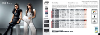 Windows®.Life without Walls™. Sony recommends Windows 7.


    VAIO E   Series                                       Smart in Style
                                                          VAIO E Series balances simplicity with variety. With a wide selection
                                                                                                                                                                      Choice of Screen Sizes
                                                                                                                                                                      VAIO E Series offers a choice of screen sizes - 1 (3.6 cm) 
                                                                                                                                                                                                                                                  Looks great and makes sense too
                                                                                                                                                                                                                                                  The surface of VAIO E Series features a truss pattern in which
                                                          of processors, and colours, it fits right into a variety of usage scenes                                    1. (39.37 cm). You’ll feel comfortable using it in a variety of           several small triangles construct one large hexagon, a noble design
                                                          and styles. A unique truss pattern adds an attractive and unique look                                       scenes, on the go, or at home. And no matter where you choose to            that will match any user scenario. You have  colours to select from
                             AVAILABLE
                              COLORS                      to either the colour, creating a light and airy, or a sophisticated and                                     use it, you can rely on performance that’s ready to meet your needs         depending on the model, with White and Pink in glossy and Black in
                                                          stately feel. You’ll enjoy using it everyday because it’s smart in style.                                   for emailing, web surfing, and more.                                        matte finish. Coordinate with colour accessories for your own style.

                                                          VAIO E - Type 14

                                                                MODEL             COLOUR              MRP                CPU           OS            DISPLAY     GRAPHICS        RAM         STORAGE
                                                                                                                                                                                                        OPTICAL
                                                                                                                                                                                                                     WIRELESS     BATTERY    WEIGHT      OFFERS                            Optional Accessories
                                                                                                                                                                                                         DRIVE
                                                                                                                                                                                                                                                                                                for VAIO E
                                                                                                                       2nd Gen
                                                      N         VPC
                                                                                 B-Black
                                                                                                                    Intel® CoreTM
                                                                                                                                     Genuine                       NVIDIA®
                                                                                 L-Blue            Rs.                              Windows® 7                     GeForce®                   HDD
                                                      E       EG18FG/                                                 i5-2410M
                                                                                 P-Pink            42,990/-                           Home                       410M GPU                    500GB
                                                              B/L/P/W                                                Processor,
                                                      W                          W-White                                             Premium                      (512 MB)
                                                                                                                       2.30 GHz                                                   4GB
                                                                                                                                                    14 (35.56
                                                                                                                                                                                 DDR3
                                                                                                                                                     cm) wide
                                                                                                                                                                                SDRAM                                Integrated
                                                                                                                                                    TFT colour                                                                                            1 year                       VGP-BMS20/W/B/GI/PI/D
                                                      N                                                                              Genuine                                                              DVD         Wireless
                                                                  VPC                                                                                 display                                                                      6 Cell                  Free
                                                                                 B-Black           Rs.                              Windows® 7       (WXGA:
                                                                                                                                                                                                       Super Multi    LAN IEEE
                                                                                                                                                                                                                                  Battery
                                                                                                                                                                                                                                              2.3 KG
                                                                                                                                                                                                                                                       International
                                                                                                                                                                                                                                                                                               Bluetooth® Mouse
                                                      E         EG17FG                                                                                                                                    Drive        802.11
                                                                                 W-White           35,990/-           2nd Gen         Home            1366 x                                                                                            Warranty
                                                                 /B/W                                                                                                                                                   b/g/n
                                                      W                                                                 Intel®       Premium        768) LED        Intel®
                                                                                                                       CoreTM                        backlight                                HDD
                                                                                                                                                                 HD Graphics
                                                                                                                     i3-2310M                                                                320GB
                                                                                                                                                                   3000
                                                      N                                                              Processor,
                                                                 VPC                                                                 Genuine                                      2GB
                                                                                 B-Black           Rs.                2.10 GHz
                                                      E        EG15EN/                                                              Windows® 7                                   DDR3
                                                                                 W-White           29,990/-
                                                                 B/W                                                                Home Basic                                  SDRAM
                                                      W
                                                                                                                                                                                                                                                                                            Backpack Premium
                         MAIN FEATURES
                                                          VAIO E - Type 15.5
                                                                                                                                                                                                        OPTICAL
                                                                MODEL             COLOUR              MRP                CPU           OS            DISPLAY     GRAPHICS        RAM         STORAGE                 WIRELESS     BATTERY    WEIGHT      OFFERS
                                                                                                                                                                                                         DRIVE


                                                                                                                       2nd Gen
                                                      N                                                                              Genuine
                                                                 VPC             B-Black                            Intel® CoreTM
                                                                                                   Rs.                              Windows® 7                                                HDD
                                                      E        EH18FG/           L-Blue                               i5-2410M
                                                                                                   43,990/-                           Home                                                   500GB
                             Noble Design             W
                                                                B/L/W            W-White                             Processor,
                                                                                                                                     Premium
                                                                                                                                                                   NVIDIA®
                                                                                                                                                                                  4GB                                                                                                         VGP-AC19V32
                                                                                                                       2.30 GHz                        15.5        GeForce®
                                                                                                                                                      (39.37                     DDR3                                Integrated
                                                                                                                                                                                                                                                                                                 AC AdaptorV
                                                                                                                                                                 410M GPU                                                                                 1 year
                                                                                                                                                    cm) wide                    SDRAM                     DVD         Wireless
                                                                                                                                                                  (512 MB)                                                         6 Cell                  Free
                                                      N         VPC                                                                                  (WXGA:                                            Super Multi    LAN IEEE                2.7 Kg
                                                                                 B-Black           Rs.                                                                                                                            Battery              International
                                                      E       EH16EN/                                                 2nd Gen                        1366 x                                               Drive        802.11
                                                                                 W-White           36,990/-                                                                                                                                             Warranty
                                                                B/W                                                     Intel®                      768) LED                                                            b/g/n
                                                      W                                                                              Genuine
                                                                                                                       CoreTM                       backlight                                 HDD
                                                                                                                                    Windows® 7
                                                                                                                     i3-2310M                                                                320GB
                                                      N                                                                             Home Basic
                                                                VPC                                                  Processor,                                     Intel®
                                                                                                                                                                                  2GB                                                                                                              Powered by 2nd Generation
                                                                                 B-Black           Rs.
                                                      E       EH15EN/                                                 2.10 GHz                                   HD Graphics     DDR3                                                                                                               Intel® CoreTM i Processor
                                                                                 W-White           29,990/-
                      Isolation Keyboard with handy             B/W                                                                                                3000         SDRAM
                                                      W
                              Numeric Keypad




                                                               VAIO E - 14 (35.56 cm)  15.5 (39.37 cm) Advantages


                                                                Equipped with 2nd Gen Intel®                                         HDMI Output for ultimate    Quick web        Isolated
                                                                                                          Truss Pattern Texture
                                                                   CoreTM i Processor #                                               AV Entertainment           Access         Keyboard
                          ASSIST, WEB  VAIO              #
                                                              Available Only with VPCEG18  EH18 model.
                                Button

8                                                                                                                                                                                                                                                                                                                                9
 