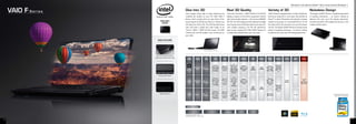 Windows®.Life without Walls™. Sony recommends Windows 7.


     VAIO F S e r i e s                                      Dive Into 3D
                                                             Just imagine being able to enjoy watching and
                                                                                                                                              Real 3D Quality
                                                                                                                                              This is the real thing — VAIO F Series’s Full HD 3D
                                                                                                                                                                                                                        Variety of 3D
                                                                                                                                                                                                                        VAIO F Series is equipped with a number of features
                                                                                                                                                                                                                                                                                      Noiseless Design
                                                                                                                                                                                                                                                                                      The design of VAIO F Series is conspicuously devoid
                                                             creating 3D content on your PC. With VAIO F                                      display is based on the frame sequential method                           that let you enjoy 3D in more ways. Play 3D Blu-ray           of anything extraneous — so there’s nothing to
                                                             Series, that’s exactly what you get. Enjoy all the                               with active shutter glasses — the same as BRAVIA                          Discs™ or watch 3D photos, and enjoy the amazing              distract from your pure 3D viewing experience.
                                  AVAILABLE
                                                             visual impact of 3D Blu-ray Discs or convert any                                 3D TVs. The 3D images you’ll be seeing are bright                         results on its screen or a connected 3D TV. Or, let           Immerse yourself in 3D images that put you in the
                                    COLOR
                                                             HD video from 2D to 3D. The 20 fps high frame                                   and crisp by virtue of 20 fps high frame rate LCD.                       the internal 2D/3D converter turn any HD content              middle of all the action.
                                                             rate LCD puts a bright and crisp image on its                                    Just imagine enjoying a full HD 3D experience                             into 3D. The design of VAIO F Series is conspicuously
                                                             16-inch 1920 x 1080 Full HD screen. Let VAIO                                     right on your notebook PC. With VAIO F Series, it’s                       devoid of anything extraneous - so there’s nothing
                                                             F Series put real 3D quality in your hands and on                                a reality that unfolds before your very eyes.                             to distract from your pure 3D viewing experience.
                                                             your desk.

                              MAIN FEATURES




                           Palm rest and touch pad are
                          seamlessly unified with the body                                                                                                                                                             OPTICAL
                                                                   MODEL             COLOUR               MRP            CPU            OS              DISPLAY            GRAPHICS          RAM            STORAGE                 WIRELESS     BATTERY     WEIGHT    OFFERS
                                                                                                                                                                                                                        DRIVE


                                                                                                                                                         16
                                                                                                                        2nd Gen                      (40.64 cm)                                                                     Integrated
                                                                                                                                      Genuine                               NVIDIA®                                      Blu-ray
                                                                                                                     Intel® CoreTM                    wide (Full                             8GB                                     Wireless
                                                                                   Bl-Premium        Rs.                             Windows®                             GeForce® GT                        HDD      Disc™ Drive
                                                                                                                      i7-2820QM                      HD:1920 x                              DDR3                                     LAN IEEE
                                                                    VPC               Black          154,900/-                       7 Ultimate                           540M GPU                          640GB      with DVD
                                                                                                                       Processor,                    1080) (VAIO                           SDRAM                                    802.11b/
                                                                  F217HG/                                                              64-bit                                (1GB)                                    Super Multi
                                                                                                                       2.30 GHz                      Display) 3D                                                                        g/n
                                                                     BI
                                                                                                                                                       Support
                                                                                                                                                                                                                                                             3.2 Kg
                               Touch-sensor buttons
                                                                                                                                                         16.4
                                                                                                                       Previous      Genuine                                                                            Blu-ray
                                                                                                                                                      (41.6 cm)             NVIDIA®                                                                                      1 year
                                                                                                                      Generation
                                                                    VPC                                                              Windows®          wide (Full                                                     Disc™ ROM                   6 Cell                  Free
                                                                                   Bl-Premium         Rs.            Intel® CoreTM                                        GeForce® GT
                                                                  F136FG/                                                            7 Home           HD:1920 x                                                        Drive with                Battery              International
                                                                                      Black           69,990/-        i7-740QM                                            425M GPU
                                                                     BI                                                              Premium            1080)                                                         DVD Super                                        Warranty
                                                                                                                      Processor,                                             (1GB)
                                                                                                                                      64-bit             (VAIO                                                           Multi
                                                                                                                       1.73 GHz                                                                                                     Integrated
                                                                                                                                                       Display)
                                                                                                                                                                                             4GB                                     Wireless
                                                                                                                                                                                                             HDD
                                                                                                                                                                                            DDR3                                     LAN IEEE
                                                                                                                                                                                                            500GB
                                                                                                                                                                                           SDRAM                                    802.11a/
                                                                                                                                                         16.4
                                                                                                                       Previous                                                                                                       b/g/n
                                                                                                                                     Genuine             (41.6
                                                                                                                      Generation                                            NVIDIA®
                                                                    VPC                                                              Windows®          cm) wide
                                 Backlit Keyboard                                                    Rs.             Intel® CoreTM                                          GeForce®                                  DVD Super
                                                                                                                                                                                                                                                                                                                     Powered by 2nd Generation
                                                                  F135FG/          B-Black                                           7 Home           (WXGA++:                                                                                               3.1 Kg
                                                                                                     49,990/-          i5-560M                                            310M GPU                                    Multi Drive
                                                                     B                                                               Premium         1600 x 900)                                                                                                                                                      Intel® CoreTM i7 Processor
                                                                                                                      Processor,                                           (512 MB)
                                                                                                                       2.66 GHz       64-bit             (VAIO
                                                                                                                                                        Display)




                                                                  VAIO F Advantages


                                                                                                                                           “Real wide”                                  Isolated Keyboard
                                                                      2D to 3D Conversion*                 Full HD 3D Playback*                                     Blu-ray Playback#
                                                                                                                                         Full HD Display#                                with numeric pad
                                                             #
                                                                 Available Only with F217 model.
                                                             #
                                                                 Available Only with F217  F136 model.


1                                                                                                                                                                                                                                                                                                                                                 1
 
