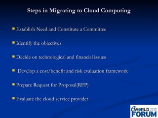 Steps in Migrating to Cloud Computing  Establish Need and Constitute a Committee Identify the objectives Decide on technological and financial issues Develop a cost/benefit and risk evaluation framework Prepare Request for Proposal(RFP) Evaluate the cloud service provider 