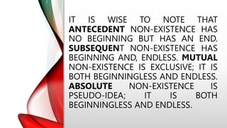 IT IS WISE TO NOTE THAT
ANTECEDENT NON-EXISTENCE HAS
NO BEGINNING BUT HAS AN END.
SUBSEQUENT NON-EXISTENCE HAS
BEGINNING AND, ENDLESS. MUTUAL
NON-EXISTENCE IS EXCLUSIVE; IT IS
BOTH BEGINNINGLESS AND ENDLESS.
ABSOLUTE NON-EXISTENCE IS
PSEUDO-IDEA; IT IS BOTH
BEGINNINGLESS AND ENDLESS.
 