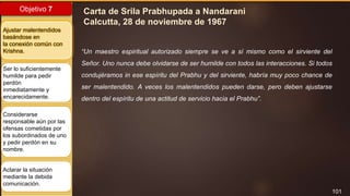 101
Objetivo 7
Ajustar malentendidos
basándose en
la conexión común con
Krishna.
Ser lo suficientemente
humilde para pedir
perdón
inmediatamente y
encarecidamente.
Considerarse
responsable aún por las
ofensas cometidas por
los subordinados de uno
y pedir perdón en su
nombre.
Aclarar la situación
mediante la debida
comunicación.
Carta de Srila Prabhupada a Nandarani
Calcutta, 28 de noviembre de 1967
“Un maestro espiritual autorizado siempre se ve a sí mismo como el sirviente del
Señor. Uno nunca debe olvidarse de ser humilde con todos las interacciones. Si todos
condujéramos in ese espíritu del Prabhu y del sirviente, habría muy poco chance de
ser malentendido. A veces los malentendidos pueden darse, pero deben ajustarse
dentro del espíritu de una actitud de servicio hacia el Prabhu”.
 