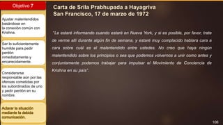 106
Objetivo 7
Ajustar malentendidos
basándose en
la conexión común con
Krishna.
Ser lo suficientemente
humilde para pedir
perdón
inmediatamente y
encarecidamente.
Considerarse
responsable aún por las
ofensas cometidas por
los subordinados de uno
y pedir perdón en su
nombre.
Aclarar la situación
mediante la debida
comunicación.
Carta de Srila Prabhupada a Hayagriva
San Francisco, 17 de marzo de 1972
“Le estaré informando cuando estaré en Nueva York, y si es posible, por favor, trate
de verme allí durante algún fin de semana, y estaré muy complacido hablara cara a
cara sobre cuál es el malentendido entre ustedes. No creo que haya ningún
malentendido sobre los principios o sea que podemos volvernos a unir como antes y
conjuntamente podemos trabajar para impulsar el Movimiento de Conciencia de
Krishna en su país”.
 