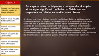 15
Objetivo 2
Tratando con Devotos de
Diferentes Niveles de
Avance o Calibres
Tratando con la Riqueza
& el Sexo Opuesto
Tratando con Gente
Influyente
Tratando con Gente de
Otros Credos
Tratando con Parientes
Karmi & Amistades
Manejando Relaciones
con Otros Templos/
Yatras
Para ayudar a los participantes a comprender el amplio
alcance y el significado de Sadachar Vaishnava con
respecto a las relaciones en diferentes niveles
Un devoto ve a todos y todo en conexión con Krishna. Sadachar Vaishnava es la
expresión adecuada del respeto y el reconocimiento de la presencia de Krishna en
todos y en todo lo que uno encuentra a través de sus pensamientos, palabras y
acciones. En consecuencia, la expresión de Sadachar Vaishnava toma diferentes
formas basadas en el grado de manifestación de Krishna o su energía en el objeto o la
persona. En las siguientes secciones, aprenderemos de las palabras de Srila
Prabhupada cuál es la conducta ideal de un devoto, especialmente un líder, al tratar con
las diferentes clases de personas que uno encuentra en el curso de su servicio.
 