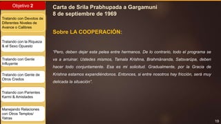 19
Objetivo 2
Tratando con Devotos de
Diferentes Niveles de
Avance o Calibres
Tratando con la Riqueza
& el Sexo Opuesto
Tratando con Gente
Influyente
Tratando con Gente de
Otros Credos
Tratando con Parientes
Karmi & Amistades
Manejando Relaciones
con Otros Templos/
Yatras
Sobre LA COOPERACIÓN:
“Pero, deben dejar esta pelea entre hermanos. De lo contrario, todo el programa se
va a arruinar. Ustedes mismos, Tamala Krishna, Brahmänanda, Satsvarüpa, deben
hacer todo conjuntamente. Esa es mi solicitud. Gradualmente, por la Gracia de
Krishna estamos expandiéndonos. Entonces, si entre nosotros hay fricción, será muy
delicada la situación”.
Carta de Srila Prabhupada a Gargamuni
8 de septiembre de 1969
 