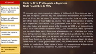 32
Objetivo 2
Tratando con Devotos de
Diferentes Niveles de
Avance o Calibres
Tratando con la Riqueza
& el Sexo Opuesto
Tratando con Gente
Influyente
Tratando con Gente de
Otros Credos
Tratando con Parientes
Karmi & Amistades
Manejando Relaciones
con Otros Templos/
Yatras
Carta de Srila Prabhupada a Jagadisha
18 de noviembre de 1972
“El hecho es que, nuestro negocio principal es la distribución de libros, bien sea aquí o
allá, eso no importa. Entonces hay una competencia trascendental por aumentar la
venta de libros, eso es bueno. Si alguien compra un libro, toda su familia podría
convertirse, ese es el mejor trabajo de prédica. Pero, todo debe hacerse en el espíritu
de la cooperación, sin molestias. Si un grupo desea entrar a otra zona, eso está bien,
pero debe haber una acuerdo previo entre la gente del GBC y un consentimiento
mutuo. Si al ir ahí aumenta la venta de libros, ¿cuál sería el daño? Pero suponiendo
que hay algún daño, eso lo debe juzgar el presidente local, y si el tiene una buena
razón para pensar que eso podría ser desfavorable para la operatividad de su templo,
entonces el les puede pedir que se retiren, eso es todo. Entonces, los oficiales del
templo local deben ser los jueces finales que permitan o no que alguien de afuera
venda libros ahí. Y si un grupo externo viene, solo pueden vender libros, no pueden
colectar sin vender libros. Deben vivir en el templo y no separadamente, y deben seguir
fielmente las instrucciones y directrices del presidente del templo local”.
 