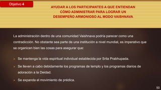 50
Objetivo 4
AYUDAR A LOS PARTICIPANTES A QUE ENTIENDAN
CÓMO ADMINISTRAR PARA LOGRAR UN
DESEMPEÑO ARMONIOSO AL MODO VAISHNAVA
La administración dentro de una comunidad Vaishnava podría parecer como una
contradicción. No obstante sea parte de una institución a nivel mundial, es imperativo que
se organicen bien las cosas para asegurar que:
 Se mantenga la vida espiritual individual establecida por Srila Prabhupada.
 Se lleven a cabo debidamente los programas de templo y los programas diarios de
adoración a la Deidad.
 Se expanda el movimiento de prédica.
 