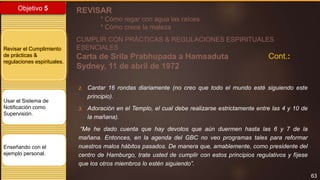63
Objetivo 5
Revisar el Cumplimiento
de prácticas &
regulaciones espirituales.
Usar el Sistema de
Notificación como
Supervisión.
Enseñando con el
ejemplo personal.
REVISAR
* Cómo regar con agua las raíces
* Cómo crece la maleza
CUMPLIR CON PRÁCTICAS & REGULACIONES ESPIRITUALES
ESENCIALES
Carta de Srila Prabhupada a Hamsaduta
Sydney, 11 de abril de 1972
2. Cantar 16 rondas diariamente (no creo que todo el mundo esté siguiendo este
principio).
3. Adoración en el Templo, el cual debe realizarse estrictamente entre las 4 y 10 de
la mañana).
“Me he dado cuenta que hay devotos que aún duermen hasta las 6 y 7 de la
mañana. Entonces, en la agenda del GBC no veo programas tales para reformar
nuestros malos hábitos pasados. De manera que, amablemente, como presidente del
centro de Hamburgo, trate usted de cumplir con estos principios regulativos y fíjese
que los otros miembros lo estén siguiendo”.
Cont.:
 