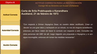 71
Objetivo 6
Actitud Correcta
Autoridad Correcta
Acción Correcta
ACTITUD CORRECTA PARA LA RECTIFICACIÓN
Corregir NO es Sinónimo con Acusar o Enfadarse
Carta de Srila Prabhupada a Karandhara
Auckland, 21 de febrero de 1973
“Con respecto a Sriman Hayagriva Dasa; es nuestro deber rectificarlo. Crear un
‘devoto’ es una gran labor y rechazarlo en un minuto, no nos da ninguna acreditación,
entonces, por favor, traten de hacer lo correcto con respecto a esto. Consulten las
otras personas del GBC de allí, luego háganle una propuesta a Hayagriva y si aún
sigue incorregible, entonces ahí tomen las medidas necesarias”.
 