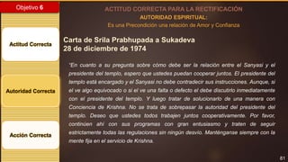 81
Objetivo 6
Actitud Correcta
Autoridad Correcta
Acción Correcta
ACTITUD CORRECTA PARA LA RECTIFICACIÓN
AUTORIDAD ESPIRITUAL:
Es una Precondición una relación de Amor y Confianza
Carta de Srila Prabhupada a Sukadeva
28 de diciembre de 1974
“En cuanto a su pregunta sobre cómo debe ser la relación entre el Sanyasi y el
presidente del templo, espero que ustedes puedan cooperar juntos. El presidente del
templo está encargado y el Sanyasi no debe contradecir sus instrucciones. Aunque, si
el ve algo equivocado o si el ve una falta o defecto el debe discutirlo inmediatamente
con el presidente del templo. Y luego tratar de solucionarlo de una manera con
Conciencia de Krishna. No se trata de sobrepasar la autoridad del presidente del
templo. Deseo que ustedes todos trabajen juntos cooperativamente. Por favor,
continúen ahí con sus programas con gran entusiasmo y traten de seguir
estrictamente todas las regulaciones sin ningún desvío. Manténganse siempre con la
mente fija en el servicio de Krishna.
 