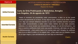 82
Objetivo 6
Actitud Correcta
Autoridad Correcta
Acción Correcta
ACTITUD CORRECTA PARA LA RECTIFICACIÓN
CONDUCTA DISCRETA Y AMIGABLE:
Reparar Sin Averiar
Carta de Srila Prabhupada a Madudvisa, Amogha
Los Ángeles, 24 de agosto de 1972
“Hasta el momento los presidentes están preocupados, a ellos no se les puede
cambiar abruptamente en el futuro. Si hay alguna queja, primero se me debe informar
a mi. Algo que siempre debemos recordar es que todos nuestros devotos recogidos
aquí están acostumbrados a todos estos malos hábitos de sus vidas pasadas,
entonces, si a veces revelan sus características antiguas, en vez de rechazarlos, nos
toca a nosotros rectificarlos tanto como sea posible. Entonces, allá traten de rectificar
a Mohananandan. ¿Qué podría hacer el al venirse para acá? Amogha ha notificado
que el ya se afeito la sikha y lo ha dejado todo. ¿Cree usted que los Estados Unidos
es un lugar mágico y que sencillamente por venir aquí se reformará? “
Cont.:
 