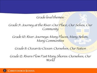 Grade level themes: Grade 9: Journey at the River: Our Place, Our Selves, Our Community Grade 10: River Journeys: Many Places, Many Selves, Many Communities Grade 11: Ocean to Ocean: Ourselves, Our Nation Grade 12: Rivers Flow Past Many Shores: Ourselves, Our World 