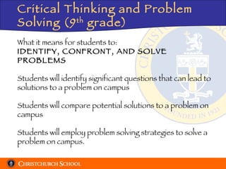 Critical Thinking and Problem Solving (9 th  grade) What it means for students to:   IDENTIFY, CONFRONT, AND SOLVE PROBLEMS Students will identify significant questions that can lead to solutions to a problem on campus Students will compare potential solutions to a problem on campus Students will employ problem solving strategies to solve a problem on campus. 