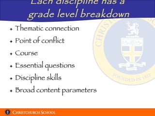 Each discipline has a  grade level breakdown Thematic connection Point of conflict Course Essential questions Discipline skills Broad content parameters 