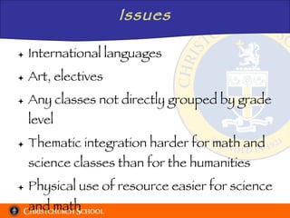 Issues International languages Art, electives Any classes not directly grouped by grade level Thematic integration harder for math and science classes than for the humanities Physical use of resource easier for science and math 