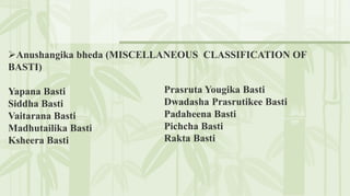 Anushangika bheda (MISCELLANEOUS CLASSIFICATION OF
BASTI)
Yapana Basti
Siddha Basti
Vaitarana Basti
Madhutailika Basti
Ksheera Basti
Prasruta Yougika Basti
Dwadasha Prasrutikee Basti
Padaheena Basti
Pichcha Basti
Rakta Basti
 