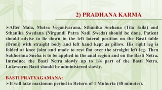 After Mala, Mutra Veganivarana, Sthanika Snehana (Tila Taila) and
Sthanika Swedana (Nirgundi Patra Nadi Sweda) should be done. Patient
should advise to lie down in the left lateral position on the Basti table
(Droni) with straight body and left hand kept as pillow. His right leg is
folded at knee joint and made to rest flat over the straight left leg. Then
Sukhoshna Sneha is to be applied in the anal region and on the Basti Netra.
Introduce the Basti Netra slowly up to 1/4 part of the Basti Netra.
Lukewarm Basti should be administered slowly.
BASTI PRATYAGAMANA:
It will take maximum period in Return of 1 Muhurta (48 minutes).
2) PRADHANA KARMA
 