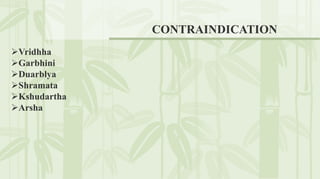 CONTRAINDICATION
Vridhha
Garbhini
Duarblya
Shramata
Kshudartha
Arsha
 