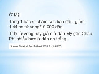 Ở Mỹ:
Tăng 1 bác sĩ chăm sóc ban đầu: giảm
1,44 ca tử vong/10.000 dân.
Tỉ lệ tử vong này giảm ở dân Mỹ gốc Châu
Phi nhiều hơn ở dân da trắng.
 