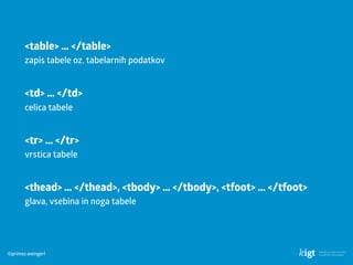 ©primoz.weingerl
<table> … </table> 
zapis tabele oz. tabelarnih podatkov
<tr> … </tr> 
vrstica tabele
<thead> … </thead>, <tbody> … </tbody>, <tfoot> … </tfoot> 
glava, vsebina in noga tabele
<td> … </td> 
celica tabele
 