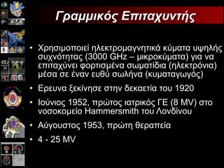 Χρησιμοποιεί ηλεκτρομαγνητικά κύματα υψηλής συχνότητας (3000  GHz –  μικροκύματα) για να επιταχύνει φορτισμένα σωματίδια (ηλεκτρόνια) μέσα σε έναν ευθύ σωλήνα (κυματαγωγός) Ερευνα ξεκίνησε στην δεκαετία του 1920 Ιούνιος 1952, πρώτος ιατρικός ΓΕ (8  MV ) στο νοσοκομείο  Hammersmith  του Λονδίνου Αύγουστος 1953, πρώτη θεραπεία 4 - 25 MV Γραμμικός Επιταχυντής 