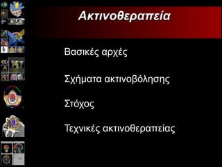Βασικές αρχές Σχήματα ακτινοβόλησης Στόχος Τεχνικές ακτινοθεραπείας Ακτινοθεραπεία 