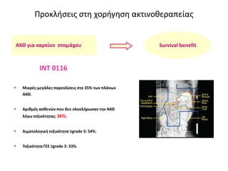 ΙΝΣ 0116
 Μικρζσ-μεγάλεσ παρεκλίςεισ ςτο 35% των πλάνων
ΑΚΘ.
 Αριθμόσ αςθενών που δεν ολοκλήρωςαν την ΑΚΘ
λόγω τοξικότητασ: 36%.
 Αιματολογική τοξικότητα ≥grade 3: 54%.
 Σοξικότητα ΓΕ΢ ≥grade 3: 33%.
Survival benefitΑΚΘ για καρκίνο ςτομάχου
Προκλιςεισ ςτθ χοριγθςθ ακτινοκεραπείασ
 