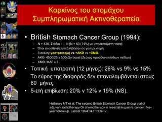 Καξθίλνο ηνπ ζηνκάρνπ
΢πκπιεξσκαηηθή Αθηηλνζεξαπεία
• British Stomach Cancer Group (1994):
– N = 436, ΢ηάδην II – III [N = 63 (14%) κε ππνιεηπόκελε λόζν]
– Όινη νη αζζελείο ππεβιήζεζαλ ζε γαζηξεθηνκή .
– 3 ζθέιε: γαζηξεθηνκή vs +ΑΚΘ vs +ΥΜΘ.
– ΑΚΘ: 4500/25 ± 500cGy boost (Ζεύγνο πξνζζην-νπίζζησλ πεδίσλ)
– ΧΜΘ: MAF x 8 .
• Σνπηθή ππνηξνπή (12 κήλεο): 26% vs 9% vs 15%
Σν εύξνο ηεο δηαθνξάο δελ επαλαιακβάλεηαη ζηνπο
60 κήλεο
• 5-εηή επηβίσζε: 20% v 12% v 19% (NS).
Hallissey MT et al. The second British Stomach Cancer Group trial of
adjuvant radiotherapy Or chemotherapy in resectable gastric cancer: five-
year follow-up. Lancet 1994;343:1309-12.
 