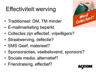 EffectiviteitwervingTraditioneel: DM, TM minderE-mailmarketing beperkt Collectes zijn effectief, vrijwilligers?Straatwerving, defectie?SMS Geef, materieel?Sponsoracties, veelbelovend, sponsors?Sociale media, alternatief?Friendraising, effectief?