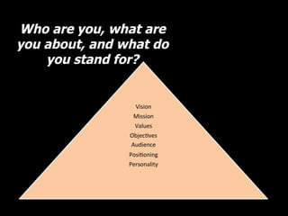  
Vision	
  
Mission	
  
Values	
  
Objec]ves	
  
Audience	
  
Posi]oning	
  
Personality	
  
Who are you, what are
you about, and what do
you stand for?
 
