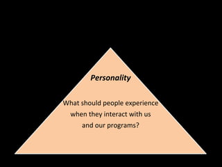 Personality	
  
	
  
What	
  should	
  people	
  experience	
  	
  
when	
  they	
  interact	
  with	
  us	
  	
  
and	
  our	
  programs?	
  
 