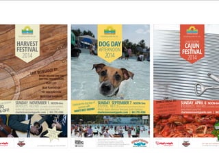 Sponsored by:
No outside food, beverages, or coolers permi ed.
Presented by:
HARVEST
FESTIVAL
2014
ROGERBELLOWANDTHE
DRIFTINGTROUBADOURS
FLATTCITY
BLUEPLANTATION
YEEHAWJUNCTION
BLUESTONERAMBLERS
LIVEBLUEGRASSBY:
BACKBY
POPULARDEMAND!
BBQCOOKOFF!
BBQ
COOK-OFF!
BACKBYPOPULARDEMAND: SUNDAY.NOVEMBER1.NOON-6pm
$8/ADULTS.FREE/KIDS12&UNDER,GOLDPASSMEMBERS
MulletHallEquestrianCenter,JohnsIslandCountyPark
charlestoncountyparks.com | 843.795.4386
Everythingunderthesun.
Sponsored by:
DOGDAY
AFTERNOON
2014
SUNDAY.SEPTEMBER7.NOON-5pm
$10/DOG. $8/CCR(CharlestonCountyResidentDiscount)
Whirlin’ WatersAdventureWaterpark,NorthCharletson
charlestoncountyparks.com | 843.795.4386
Celebratethedogdaysof
summerwith
MAN’SBESTFRIEND!
Advance purchase is recommended.
All tickets will be $10 per dog on site if available.
Concessions will be available for purchase on site.
Dogs must have all current vaccinations to be allowed entry.
No outside food, beverages, or coolers permi ed.
Everythingunderthesun.
Sponsored by:
PET ARE NOT PERMITTED
No outside food, beverages, or coolers permi ed.
Presented by:
SHELLYWATERS
“SWAMPPOPPRINCESS”
UNKNOWNTONGUES
SIDEWALKZYDECO
LIVE
ZYDECOMUSICBY:
LOWCOUNTRY
CAJUN
FESTIVAL
2014
Everythingunderthesun.
SUNDAY.APRIL6.NOON-6pm
$10/ADULTS.FREE/KIDS12&UNDER,GOLDPASSMEMBERS
JamesIslandCountyPark
charlestoncountyparks.com | 843.795.4386
 