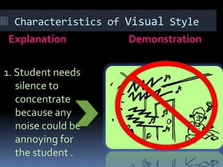 Characteristics of Visual StyleExplanationDemonstration1. Student needs silence to concentrate because any noise could be annoying for the student .