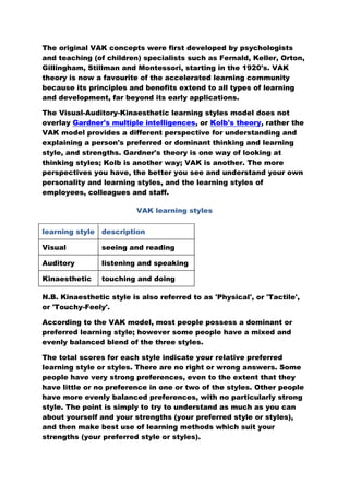 PDF) VAK Styles of Learning Based on the Research of Fernald