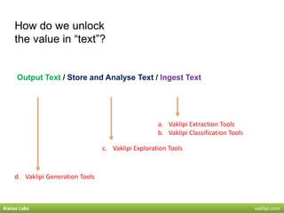 How do we unlock
the value in “text”?
Output Text / Store and Analyse Text / Ingest Text
d. Vaklipi Generation Tools
a. Va...