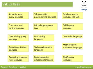 Vaklipi Uses
                                                                        Vaklipi

        Semantic web         5th generation         Database query
        query language       programming language   language like SQL


        Command and          Micro language over    DOM query
        control language     Java                   language


        Data mining query    Unit testing           Constraint language
        language             language

                                                    Math problem
        Acceptance testing   Web service query      statement language
        language             language


        Cascading grammar    Basic computer         OLAP query
        rules language       education language     language


Product Brochure – Vaklipi                                       team@aiaioo.com
 