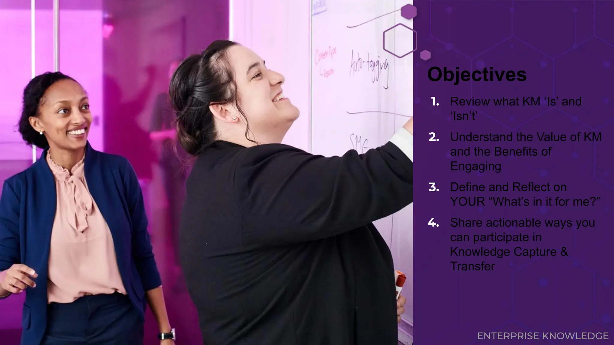 ENTERPRISE KNOWLEDGE
1. Review what KM ‘Is’ and
‘Isn’t’
2. Understand the Value of KM
and the Benefits of
Engaging
3. Define and Reflect on
YOUR “What’s in it for me?”
4. Share actionable ways you
can participate in
Knowledge Capture &
Transfer
Objectives
 